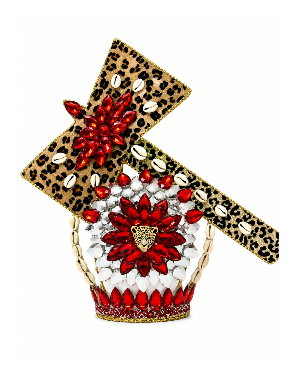 Corona de Changó con hacha de estampado de leopardo, caracoles y cristales rojos