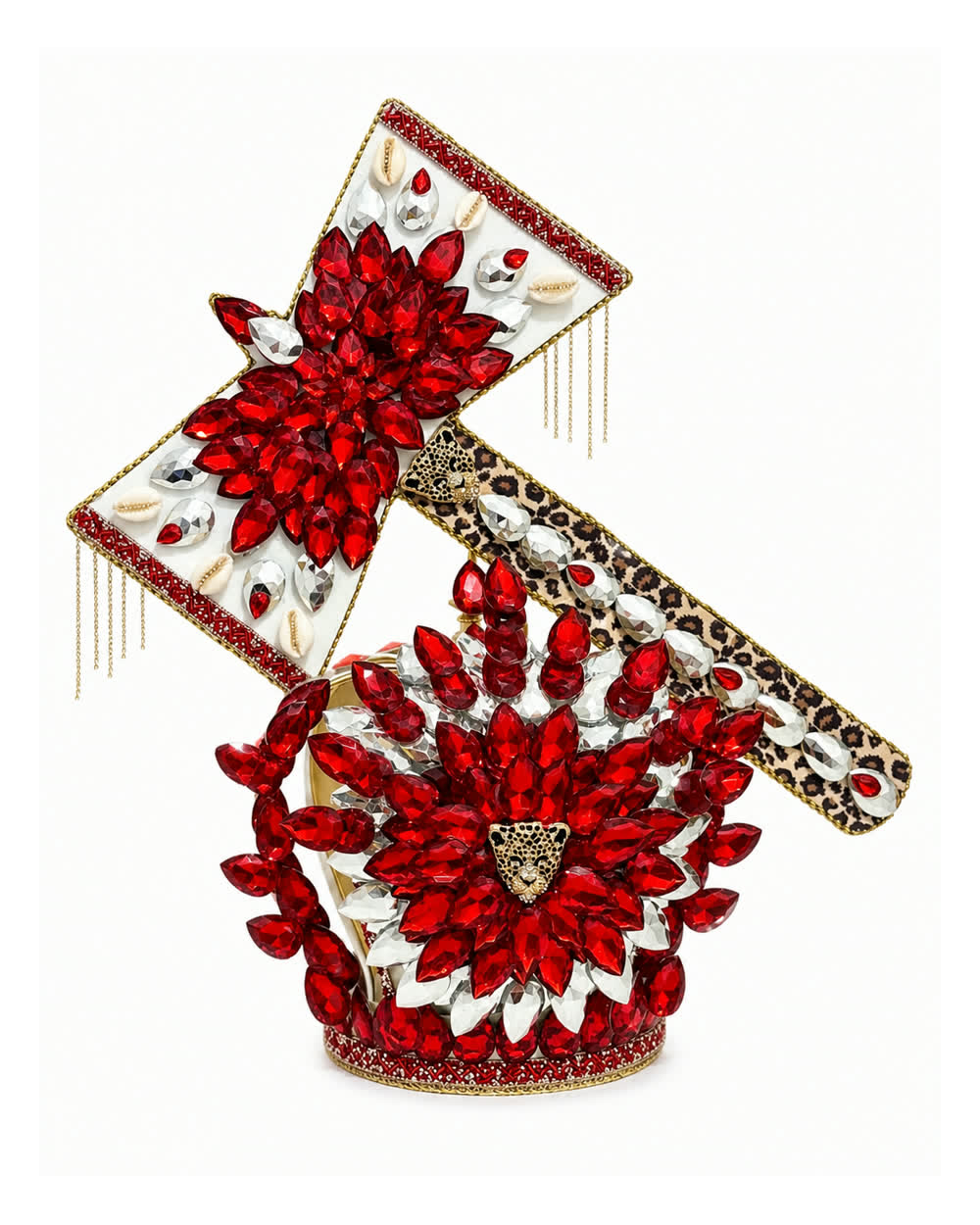 Corona de Changó roja y plata con hacha de leopardo y flecos dorados