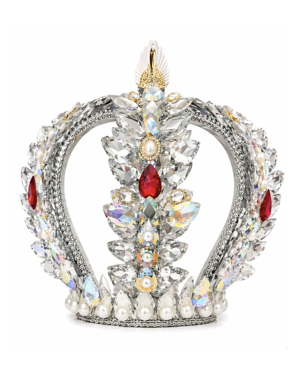 Corona de Obatalá en cristal aurora boreal con piedras rojas y perlas
