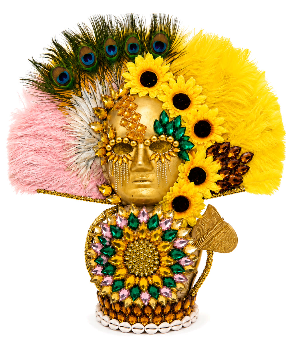 Corona de Ochún con rostro dorado, girasoles y plumas de pavo real
