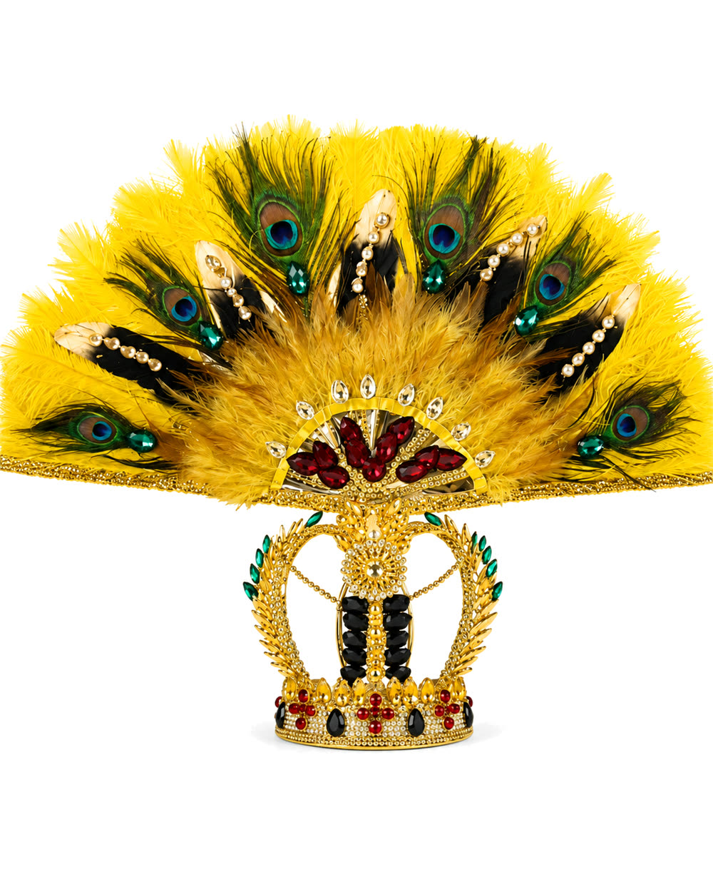 Corona de Ochún dorada con penacho de plumas amarillas y de pavo real