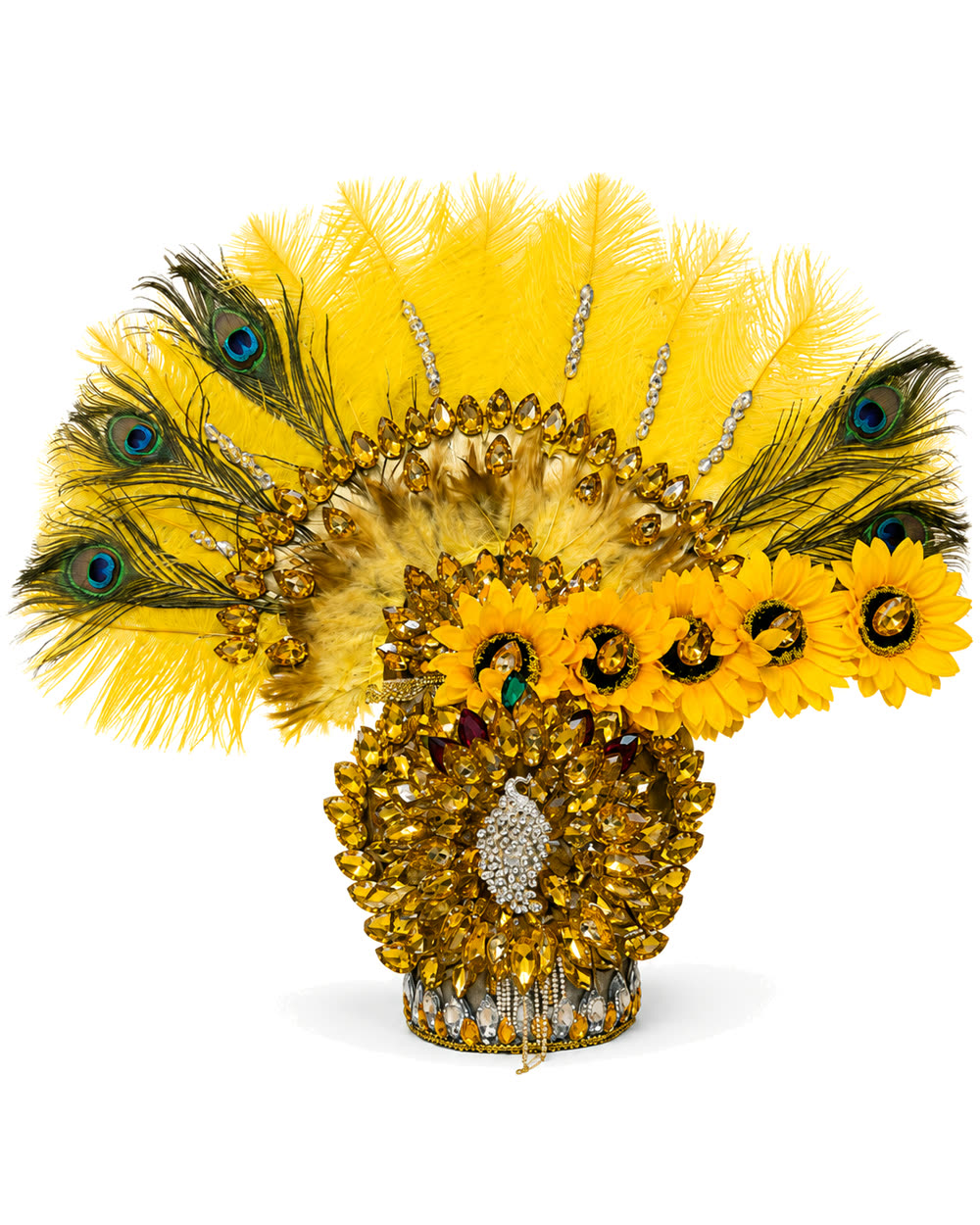 Corona de Ochún con abanico de plumas amarillas, girasoles y pavo real de cristal