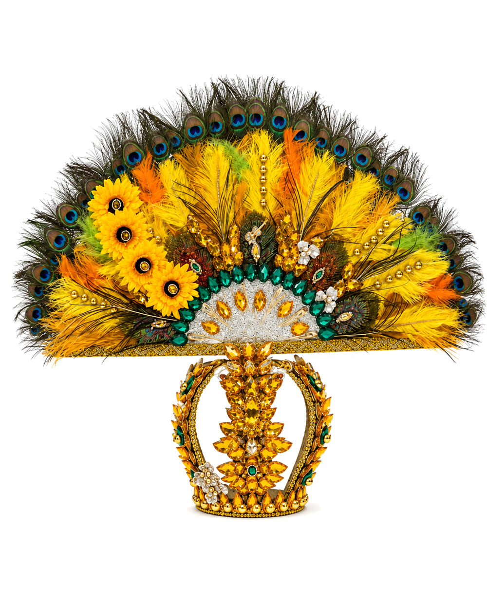 Corona de Ochún con penacho de girasoles y plumas de colores