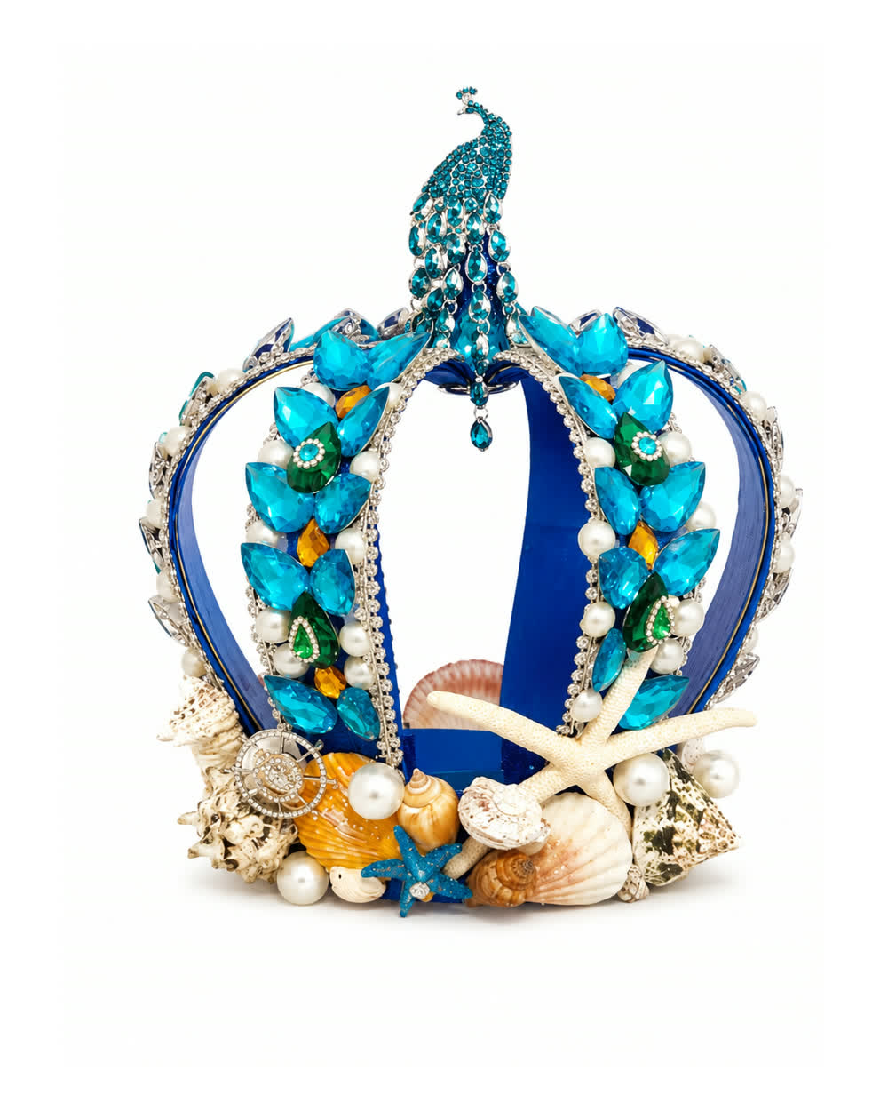 Corona de Olokun azul con pavo real, caracoles y estrellas de mar