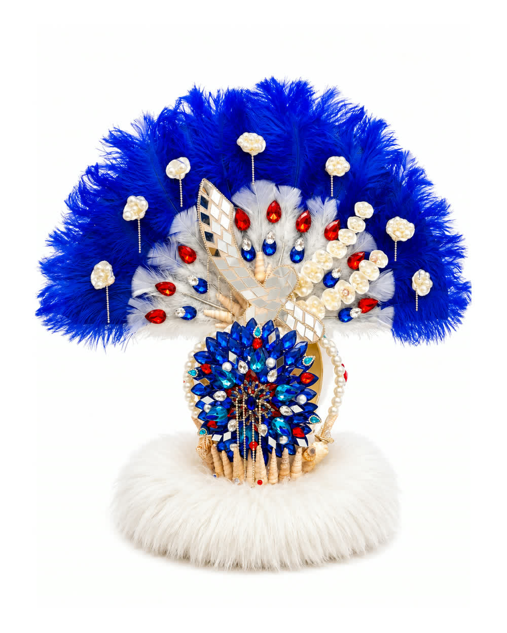 Corona de Yemayá con penacho de plumas azules y base de piel