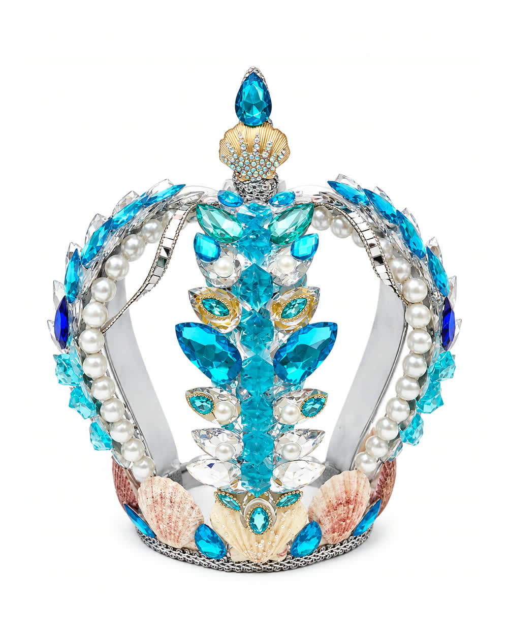 Corona de Yemayá en plata y turquesa con perlas y caracoles
