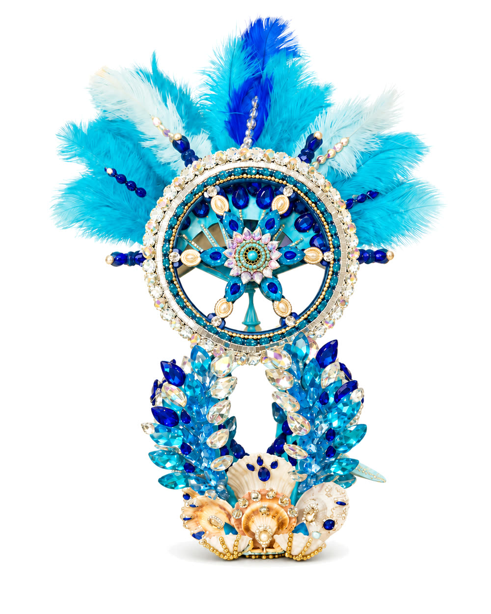 Corona de Yemayá con timón y plumas turquesa