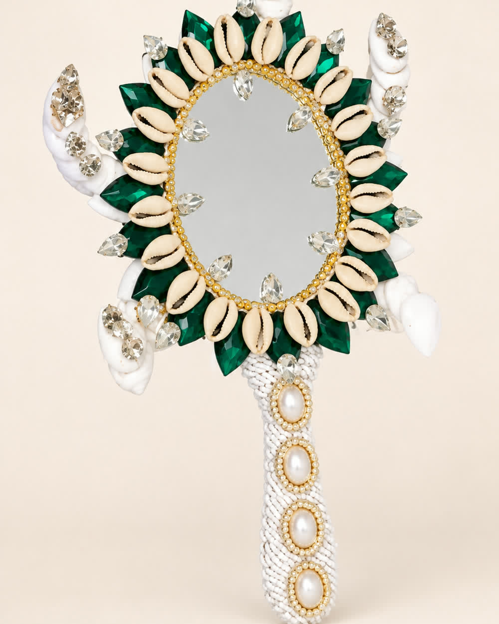 Espejo de Obatalá blanco y verde con caracoles