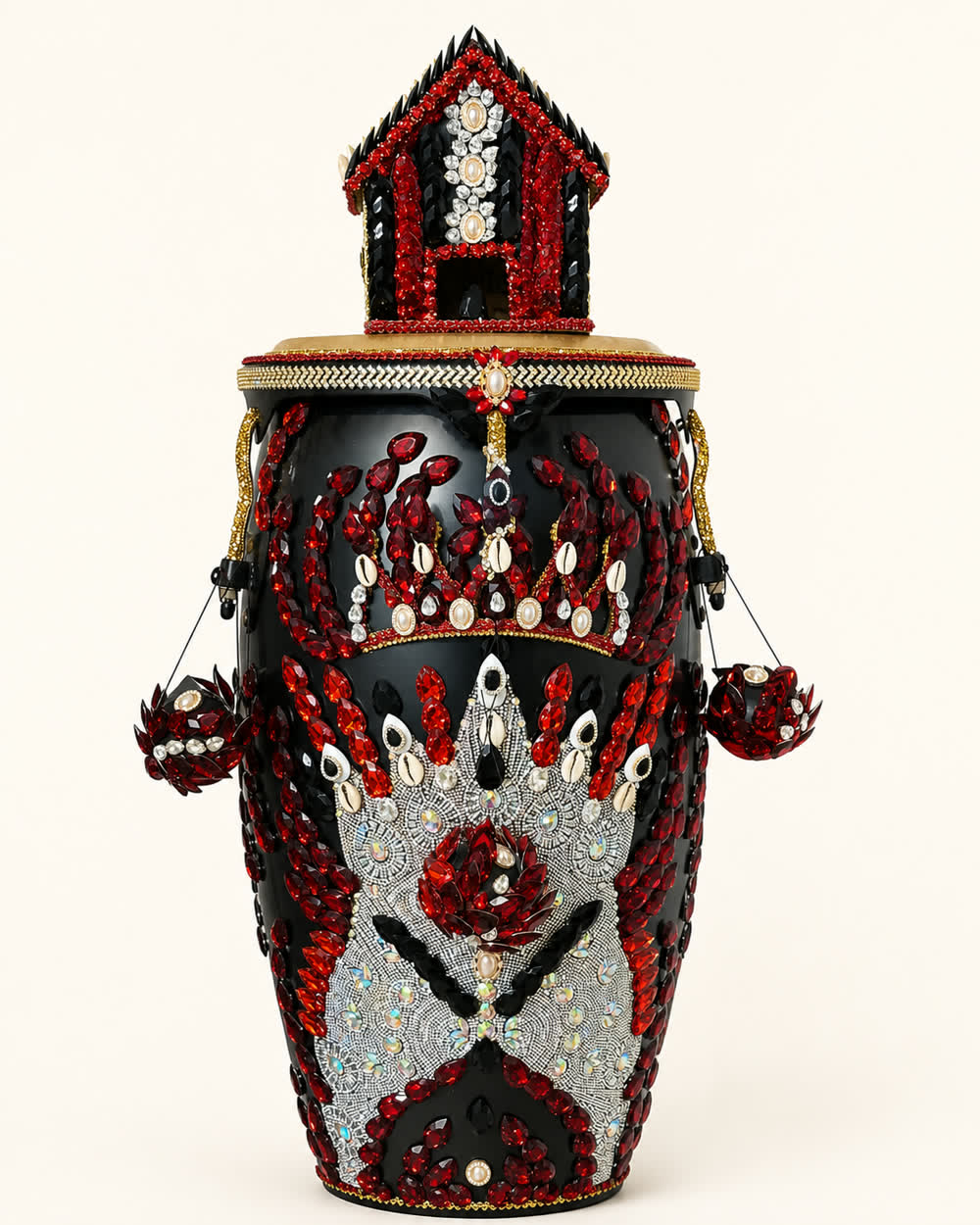 Tambor de Eleguá negro y rojo con casita coronada