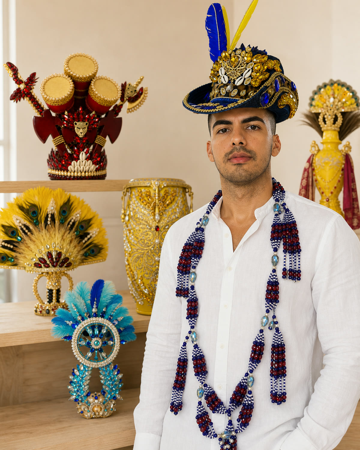 El artesano de Las Manos del Ir&eacute; en su taller, con sombrero de orisha y collares, rodeado de las coronas y tambores que crea a mano